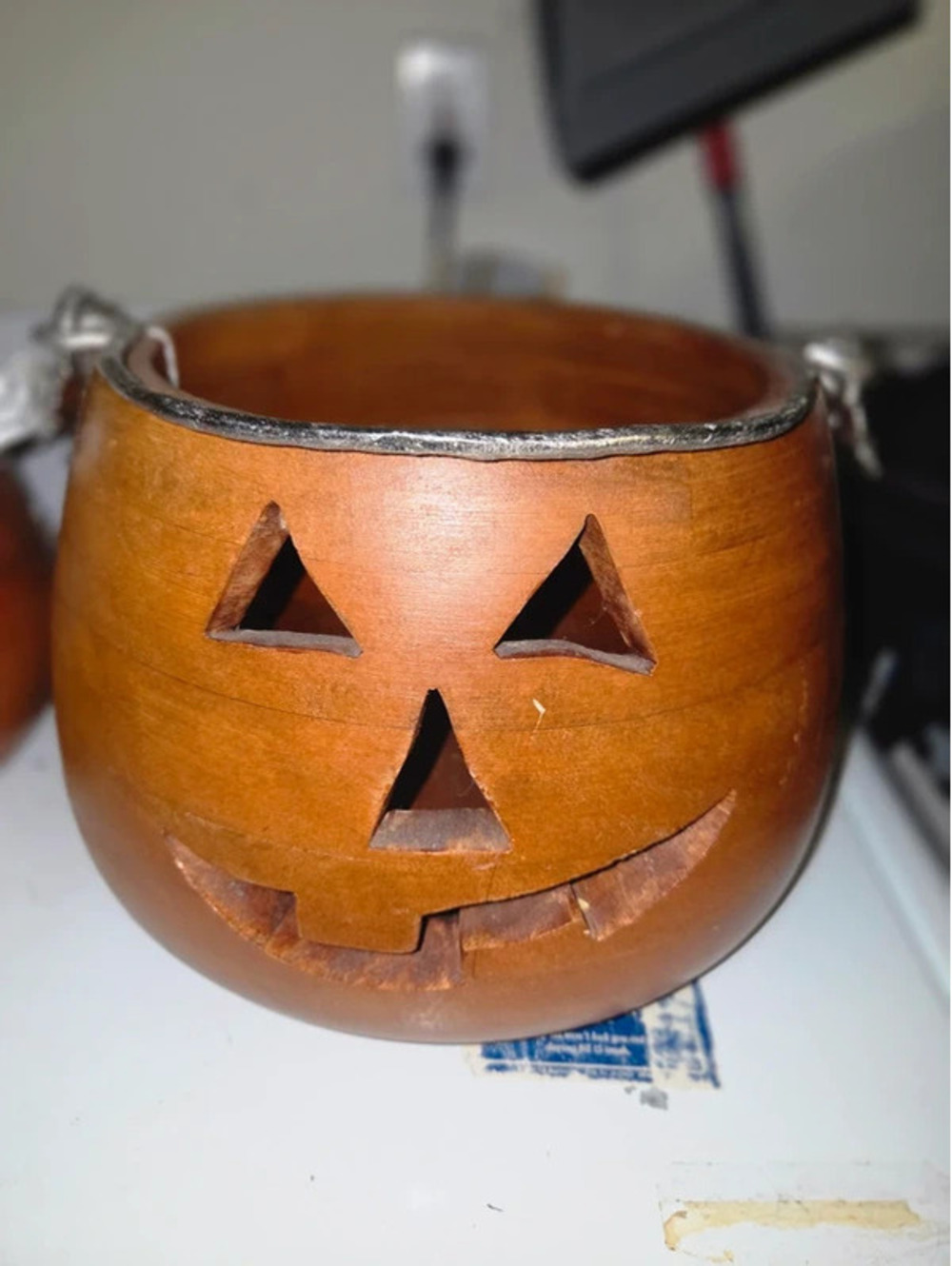 Wood Carved jack lanter metal handle halloween